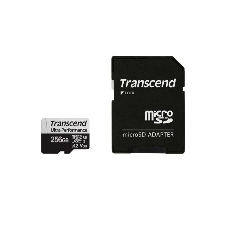 Transcend 340S microSDXC Muistikortti, 256GB 160/125MB/s. U3, UHS-I (MLC, V30, A2) Paketissa mukana SD-adapteri