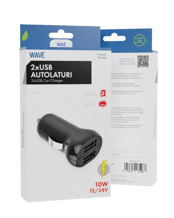 WAVE AUTOLATURISOVITIN 2.0A. Kaksi USB-paikkaa. Musta-valkoinen