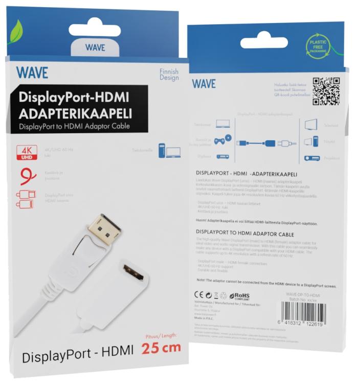 WAVE ADAPTERI, DP - HDMI, (Displayport uros - HDMI naaras). Pituus n. 20 cm. Valkoinen