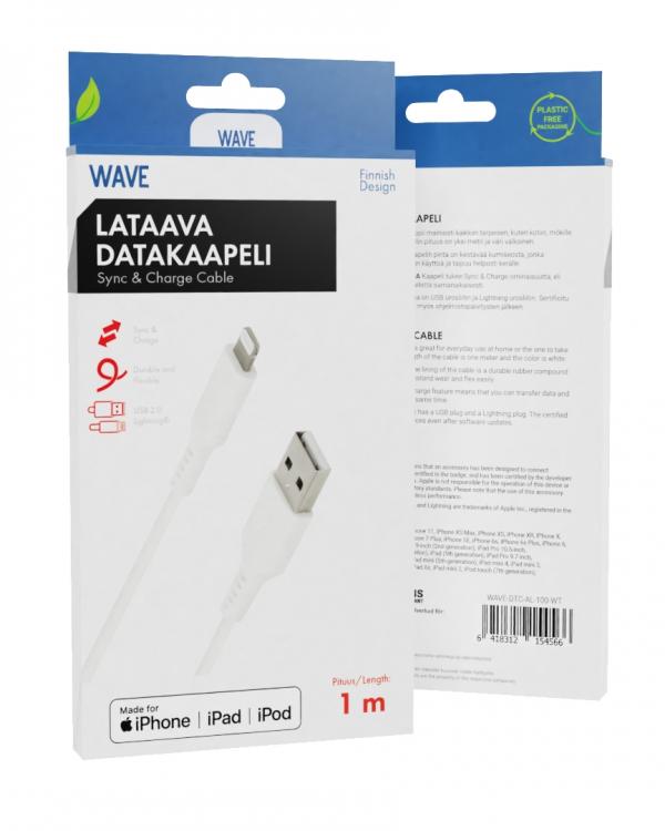Wave Lataava datakaapeli USB-A -> Apple Lightning (MFI), 1m, Valkoinen