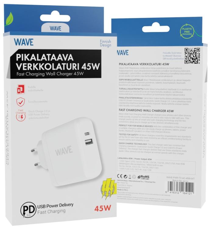 Wave 45W Pikalataava verkkolaturi, 1 x USB Type-C + 1 x USB-A (30W+12W), Valkoinen
